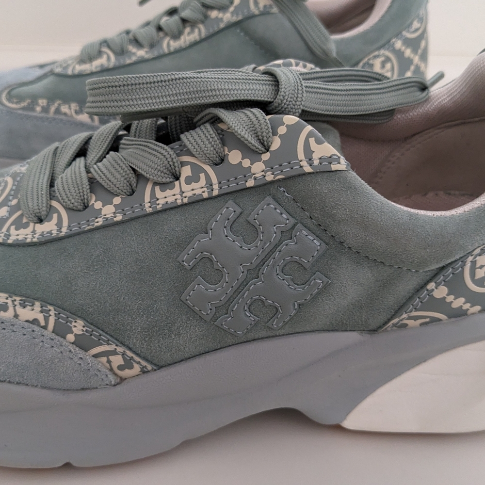 EUC! Tory Burch T Monogram Good Luck Sneaker Calf Leather Blue Celadon Size 7.5 - Picture 12 of 13